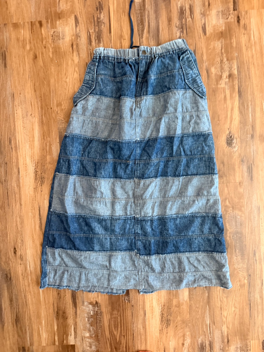 Striped Blue Patchwork Maxi Skirt - Casual Women's Denim Style